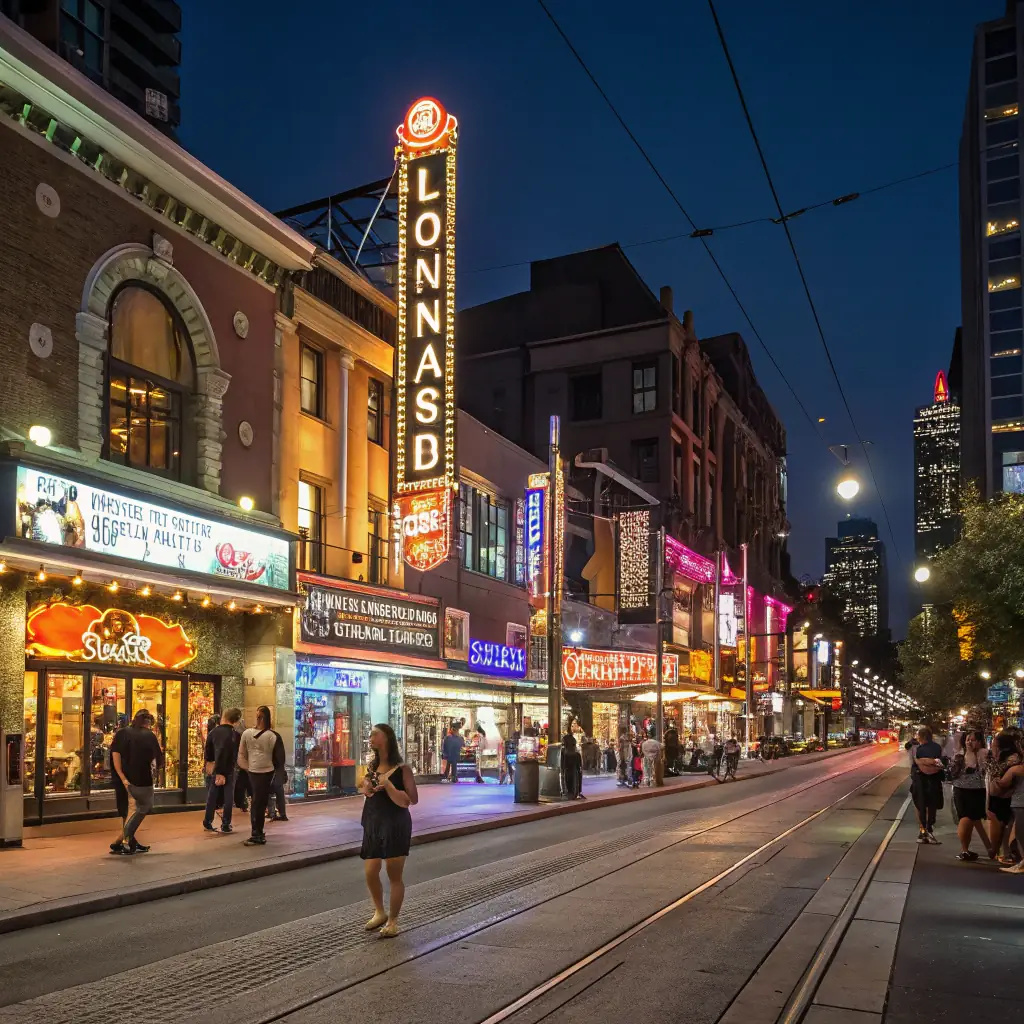 A view of the Entertainment District in Toronto, showcasing theaters, concert venues, and vibrant nightlife.