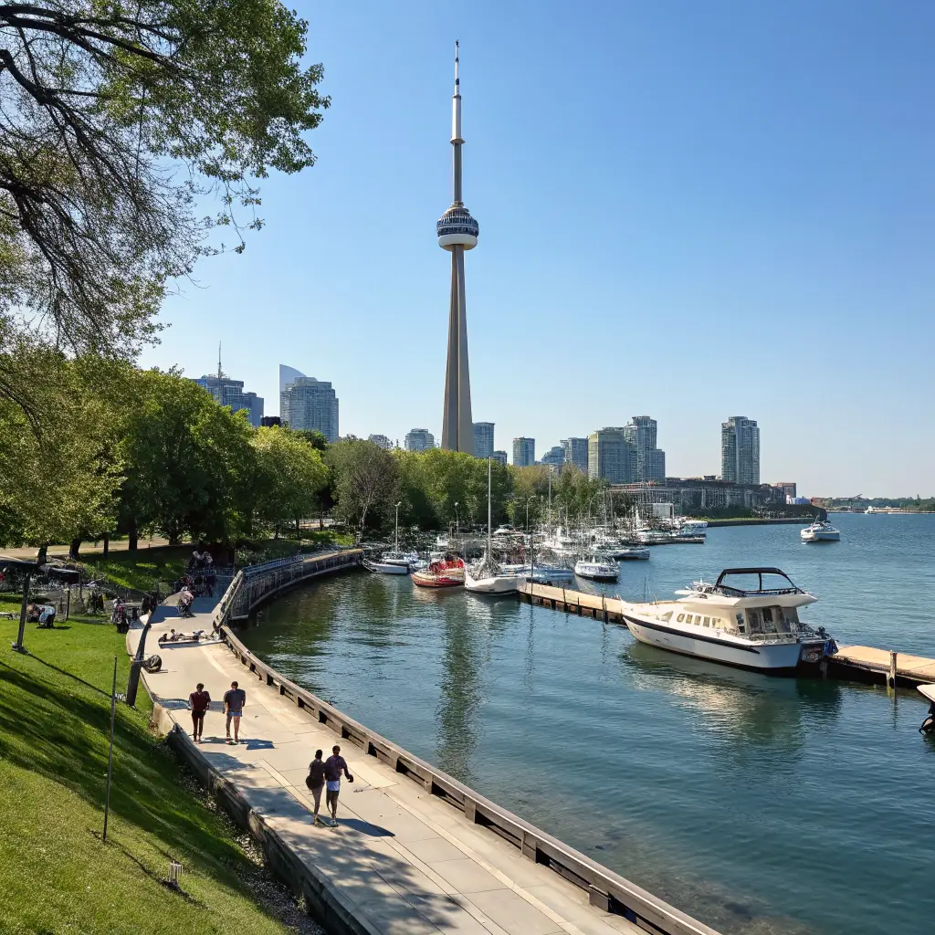 A view of the Harbourfront in Toronto, featuring waterfront parks, marinas, and cultural attractions.