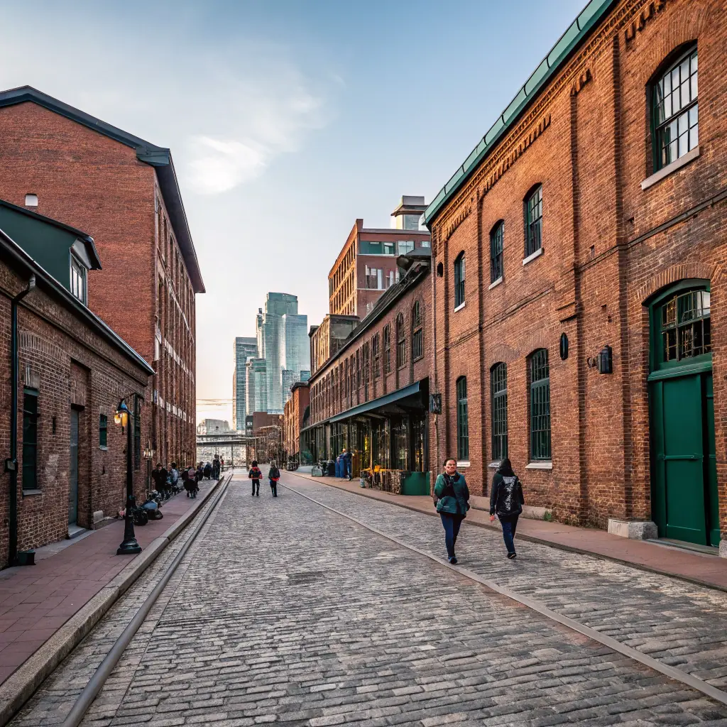 A view of the Distillery District in Toronto, featuring Victorian-era industrial architecture, cobblestone streets, and pedestrian walkways.