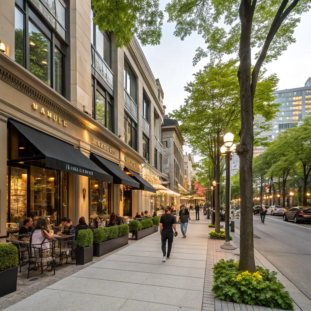A street in Yorkville, Toronto, featuring upscale boutiques, luxury hotels, and stylish cafes.