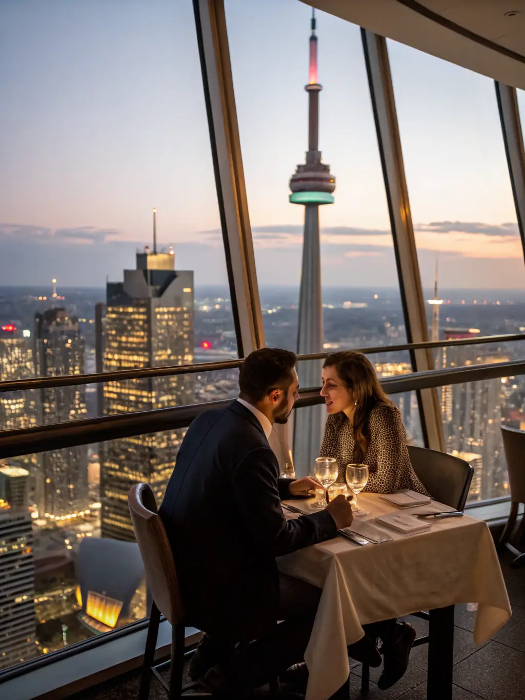 An elegant, softly lit image of a couple enjoying a romantic dinner at one of the CN Tower's restaurants, with the city lights twinkling outside the window.