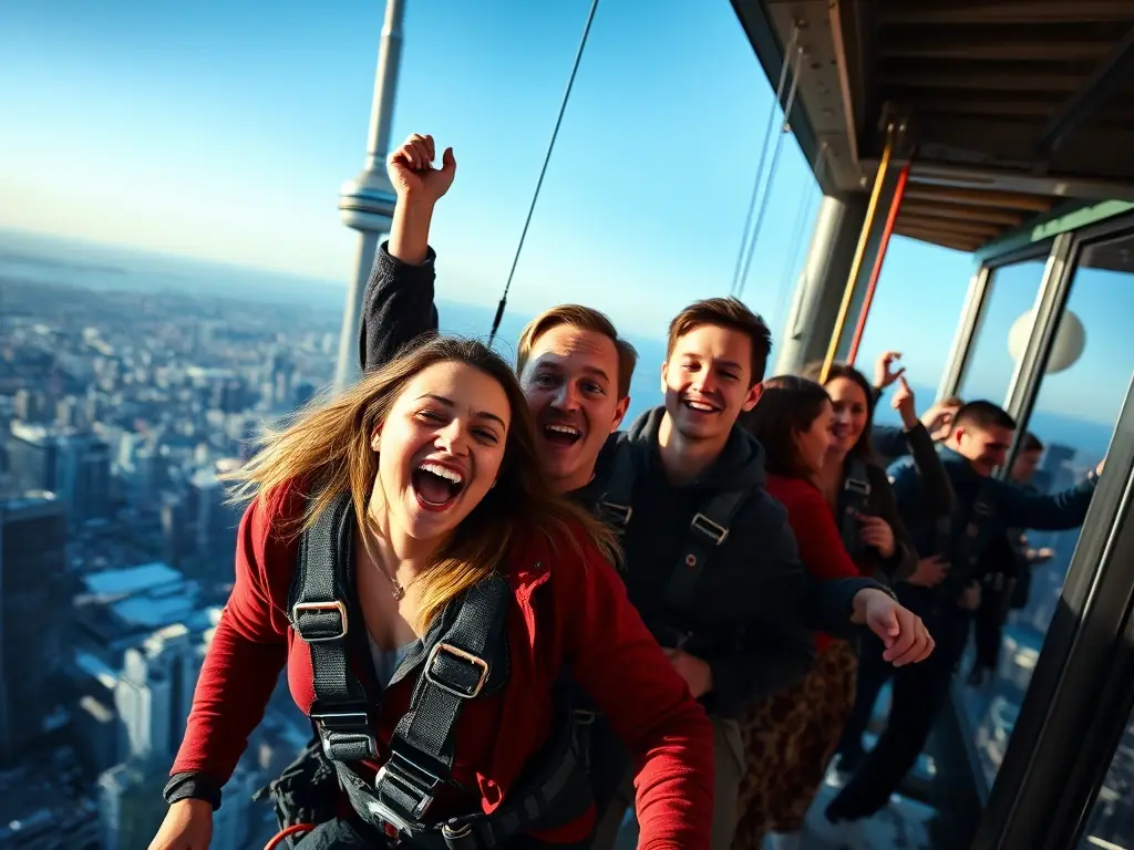 A dynamic image of people participating in the EdgeWalk experience at the CN Tower, capturing their excitement and the stunning height. The photo should emphasize the safety measures and the thrill of the adventure.