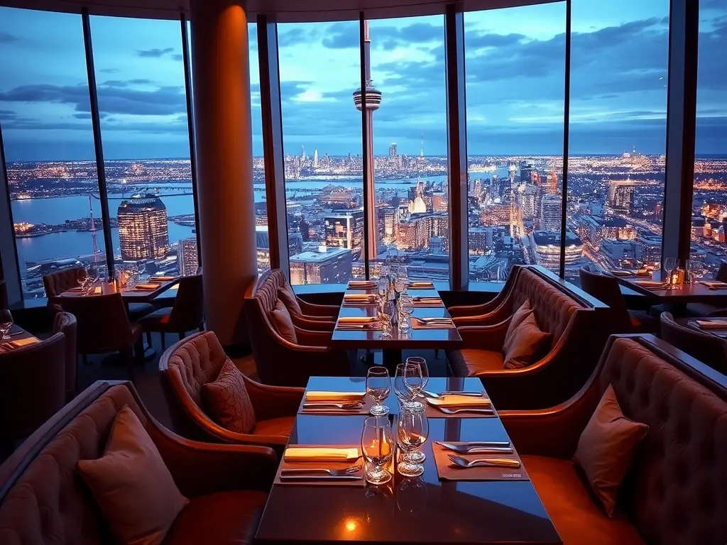 An elegant photo of the CN Tower's restaurant interior, highlighting the sophisticated ambiance and the stunning city views from the dining area. The image should showcase the fine dining experience.