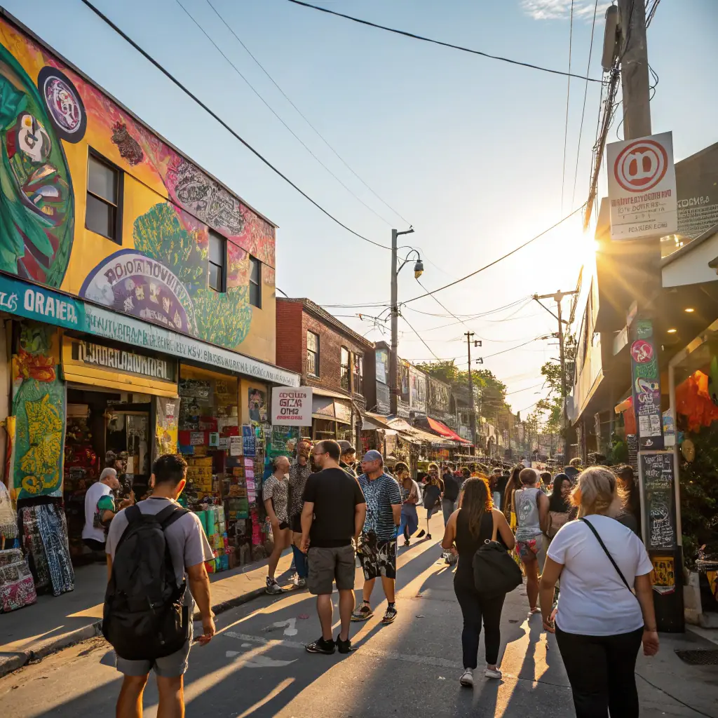 A vibrant street scene in Kensington Market, Toronto, showcasing colorful buildings, street art, and diverse shops.
