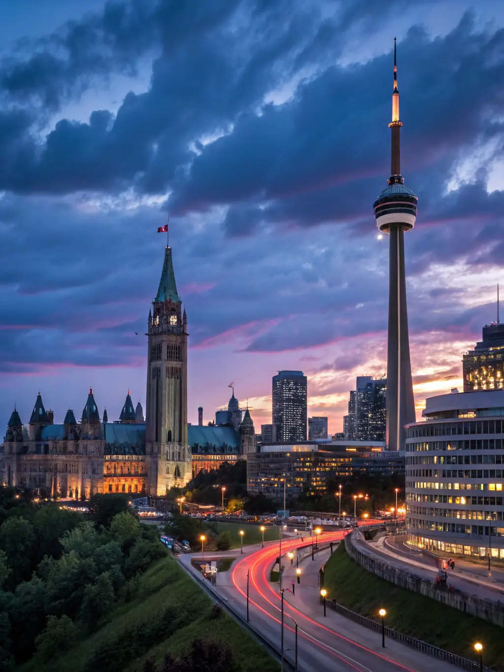 A dynamic image showcasing the CN Tower lit up at night, with various colors and patterns, reflecting the vibrant energy of Toronto.