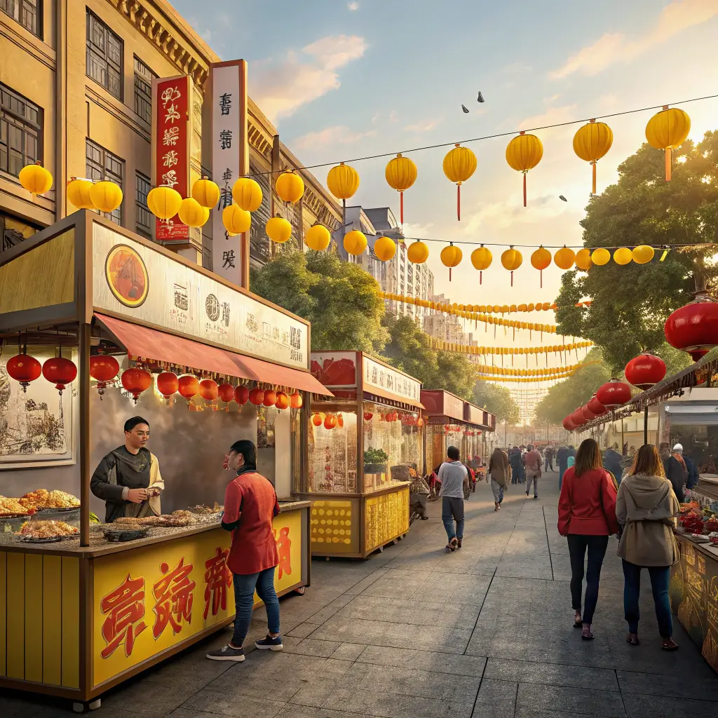 A bustling scene in Chinatown, Toronto, with traditional Chinese architecture, vibrant markets, and numerous restaurants.