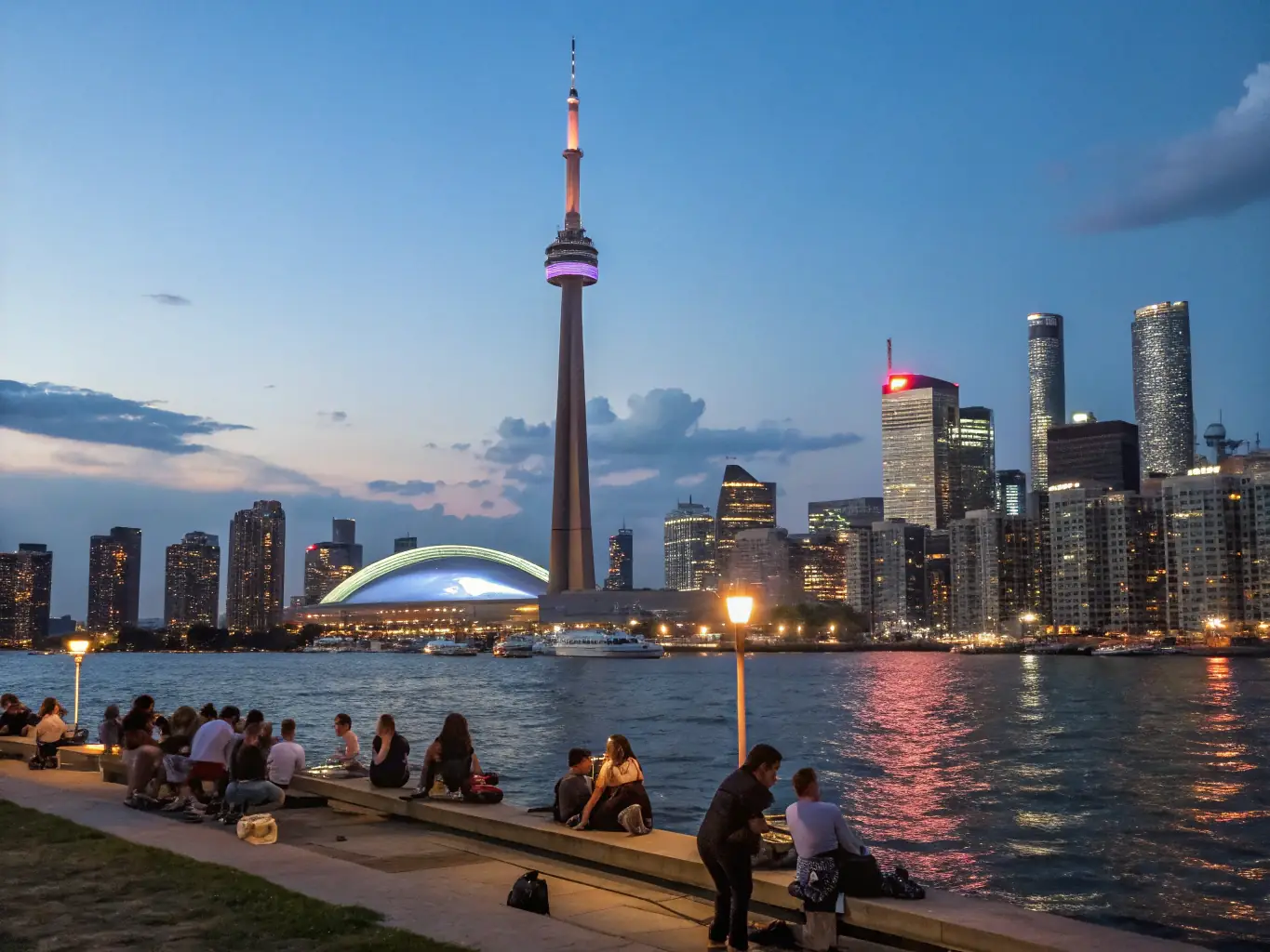 A detailed shot of the CN Tower's observation deck, showcasing the panoramic view of Toronto's skyline during sunset. The image should capture the vibrant colors of the sky and the city lights below.